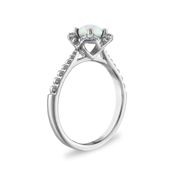 5MM Round Opal and White Sapphire Birthstone Flower Halo Ring in Sterling Silver