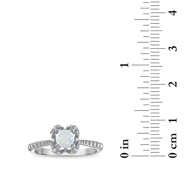 5MM Round Opal and White Sapphire Birthstone Flower Halo Ring in Sterling Silver