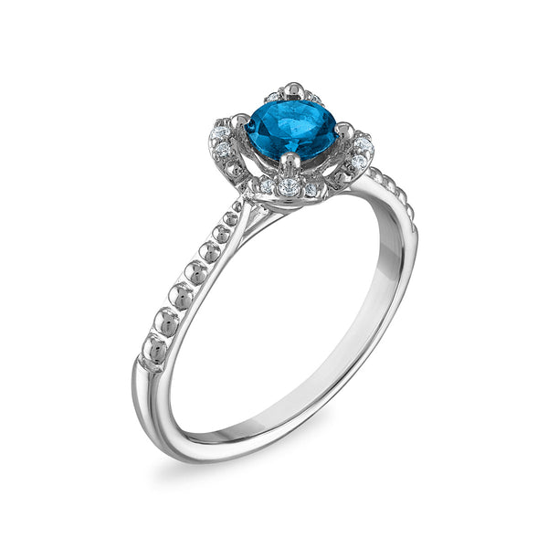 5MM Round Blue Topaz and White Sapphire Birthstone Flower Halo Ring in Sterling Silver