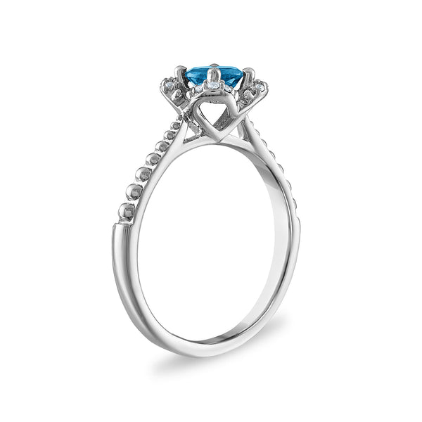 5MM Round Blue Topaz and White Sapphire Birthstone Flower Halo Ring in Sterling Silver