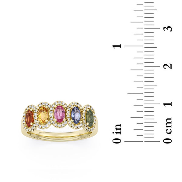 Multi-Color Sapphire and Diamond Halo Ring in 10KT Yellow Gold
