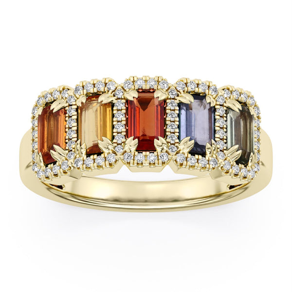 Natural Multicolor Sapphires and Diamond Ring in 10KT Yellow Gold