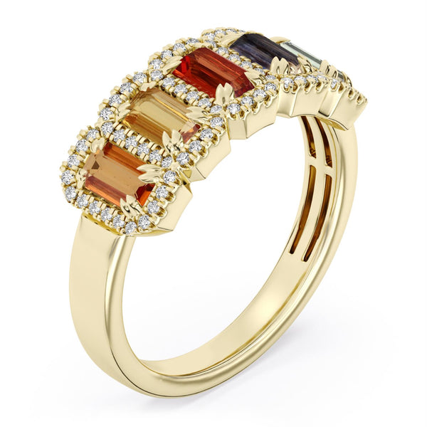 Natural Multicolor Sapphires and Diamond Ring in 10KT Yellow Gold