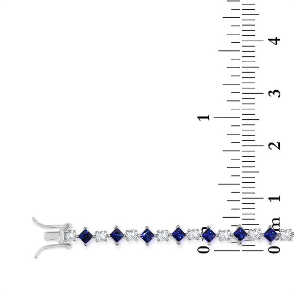 3MM Square Blue Sapphire and White Sapphire 7-inch Tennis Bracelet in Rhodium Plated Sterling Silver