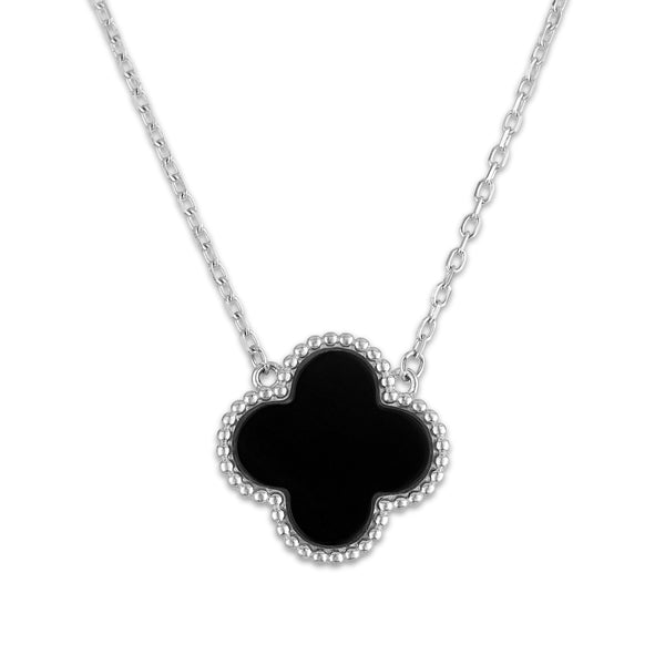 Black Agate 18-inch Clover Pendant in Sterling Silver