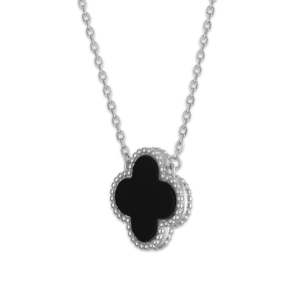 Black Agate 18-inch Clover Pendant in Sterling Silver