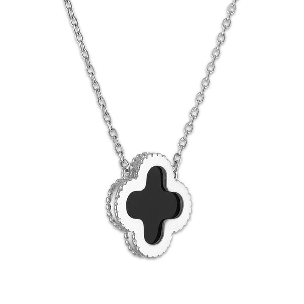 Black Agate 18-inch Clover Pendant in Sterling Silver