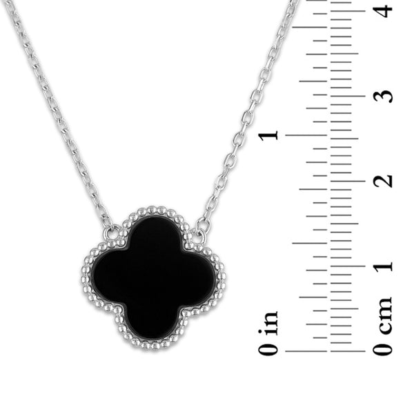 Black Agate 18-inch Clover Pendant in Sterling Silver