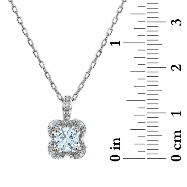 5MM Round Aquamarine and White Sapphire Birthstone Flower Halo Pendant in Sterling Silver