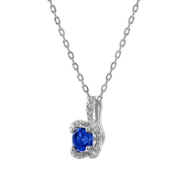 5MM Round Blue Sapphire and White Sapphire Birthstone Flower Halo Pendant in Sterling Silver