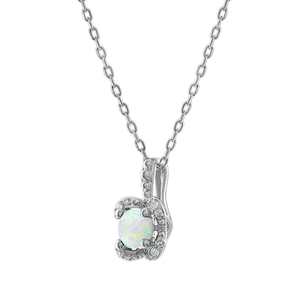 5MM Round Opal and White Sapphire Birthstone Flower Halo Pendant in Sterling Silver