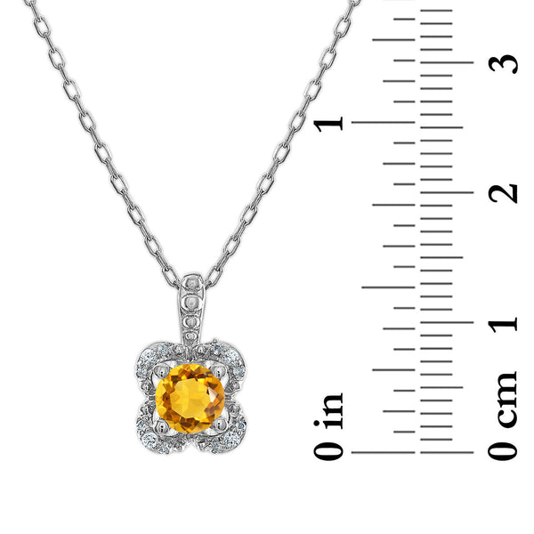 5MM Round Citrine and White Sapphire Birthstone Flower Halo Pendant in Sterling Silver