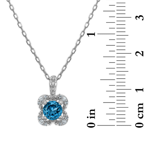 5MM Round Topaz and White Sapphire Birthstone Flower Halo Pendant in Sterling Silver
