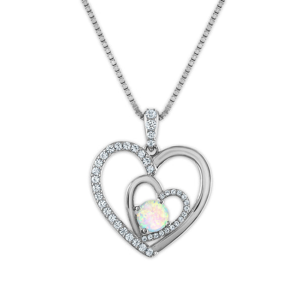 Opal and White Sapphire 18-inch Heart Pendant in Sterling Silver
