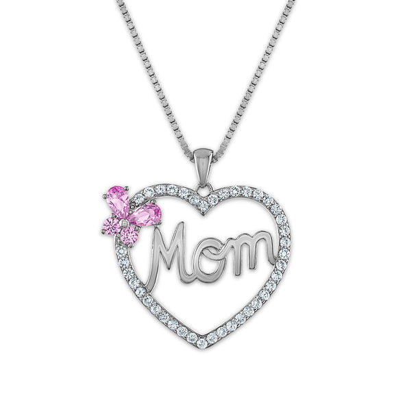 Created Pink and White Sapphire Mom Pendant in Sterling Silver