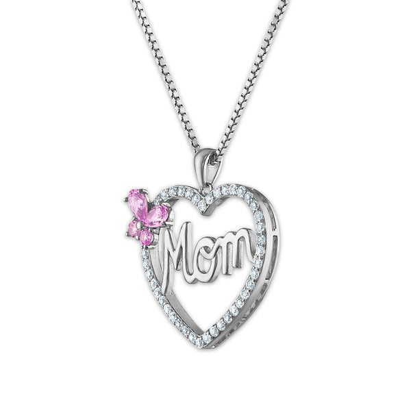 Created Pink and White Sapphire Mom Pendant in Sterling Silver
