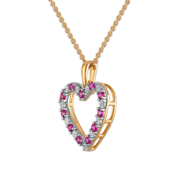 Created Ruby and Diamond 18-inch Heart Pendant in Yellow Gold Plated Sterling Silver