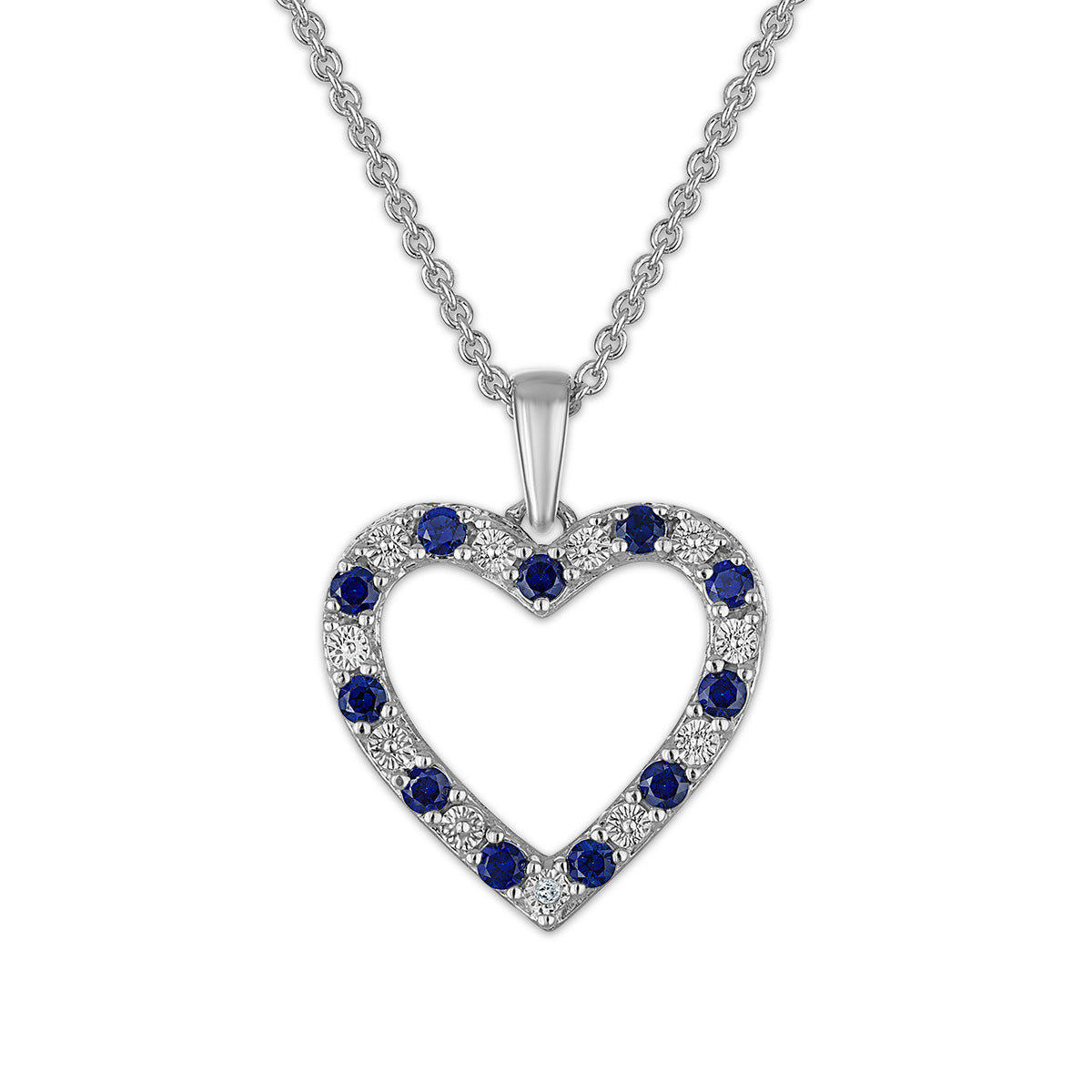Created Blue Sapphire and Diamond 18-inch Heart Pendant in Sterling Silver