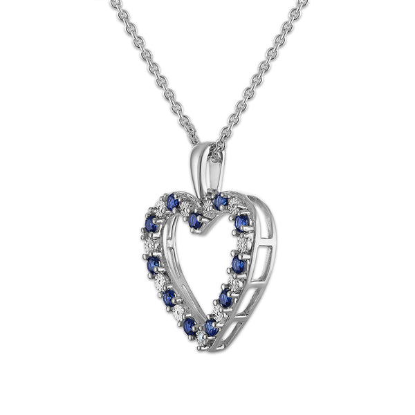 Created Blue Sapphire and Diamond 18-inch Heart Pendant in Sterling Silver