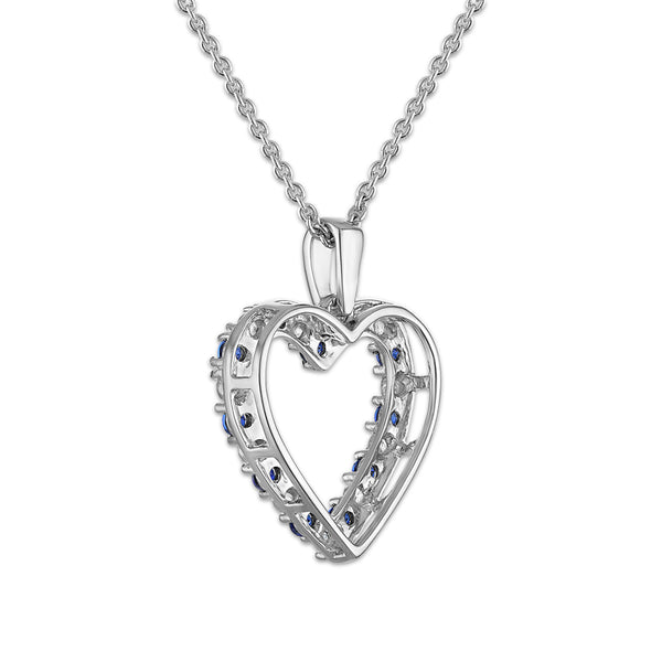 Created Blue Sapphire and Diamond 18-inch Heart Pendant in Sterling Silver