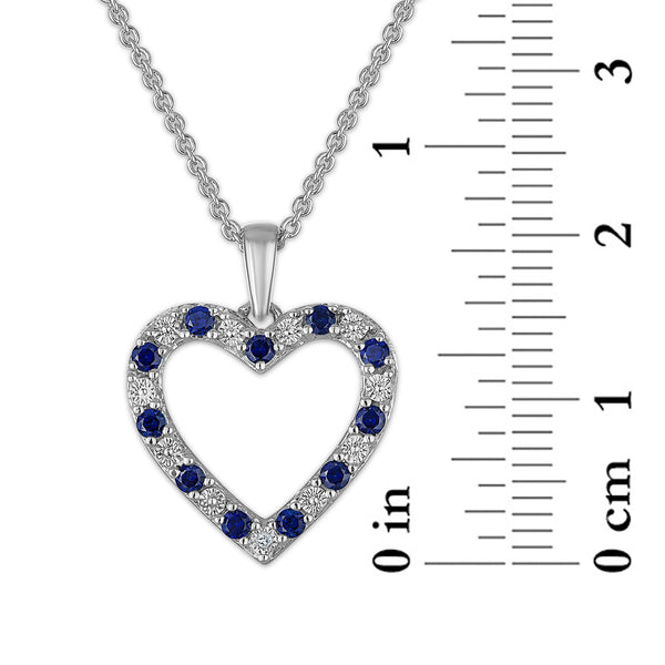 Created Blue Sapphire and Diamond 18-inch Heart Pendant in Sterling Silver