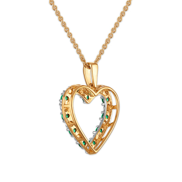 Created Emerald and Diamond 18-inch Heart Pendant in Yellow Gold Plated Sterling Silver
