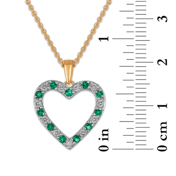 Created Emerald and Diamond 18-inch Heart Pendant in Yellow Gold Plated Sterling Silver