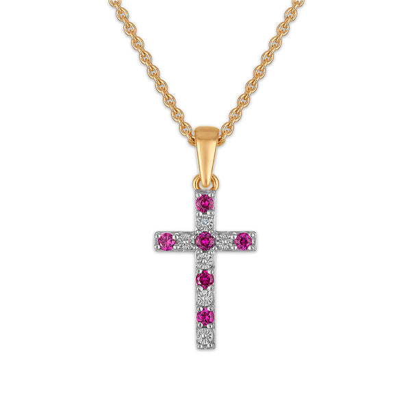 Created Ruby and Diamond 18-inch Cross Pendant in Yellow Gold Plated Sterling Silver