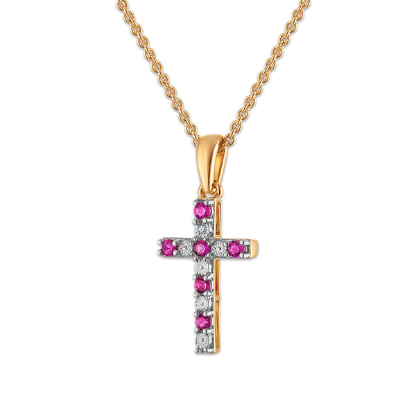 Created Ruby and Diamond 18-inch Cross Pendant in Yellow Gold Plated Sterling Silver