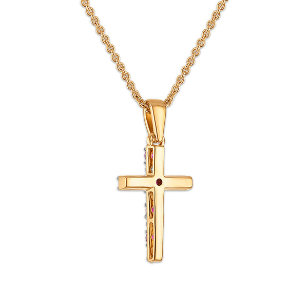 Created Ruby and Diamond 18-inch Cross Pendant in Yellow Gold Plated Sterling Silver