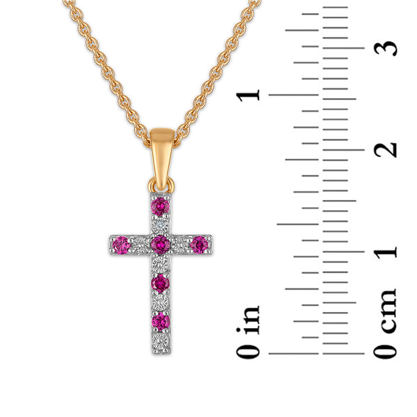 Created Ruby and Diamond 18-inch Cross Pendant in Yellow Gold Plated Sterling Silver