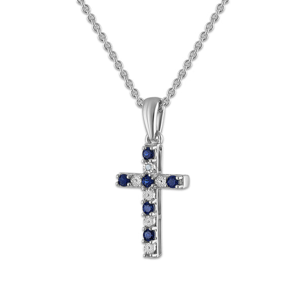 Created Blue Sapphire and Diamond 18-inch Cross Pendant in Sterling Silver