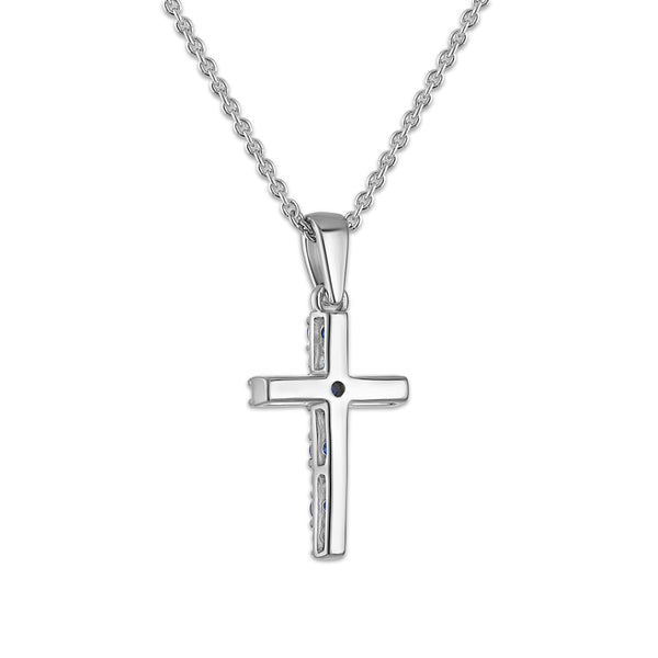 Created Blue Sapphire and Diamond 18-inch Cross Pendant in Sterling Silver