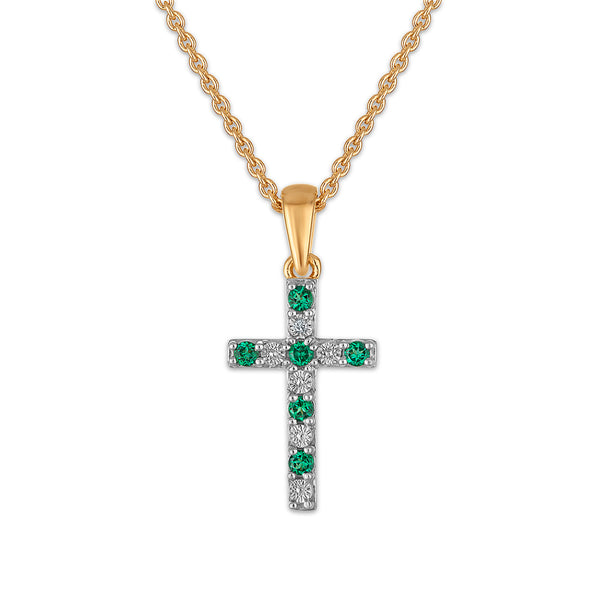 Created Emerald and Diamond 18-inch Cross Pendant in Yellow Gold Plated Sterling Silver