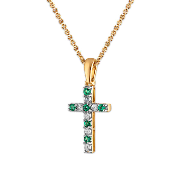 Created Emerald and Diamond 18-inch Cross Pendant in Yellow Gold Plated Sterling Silver
