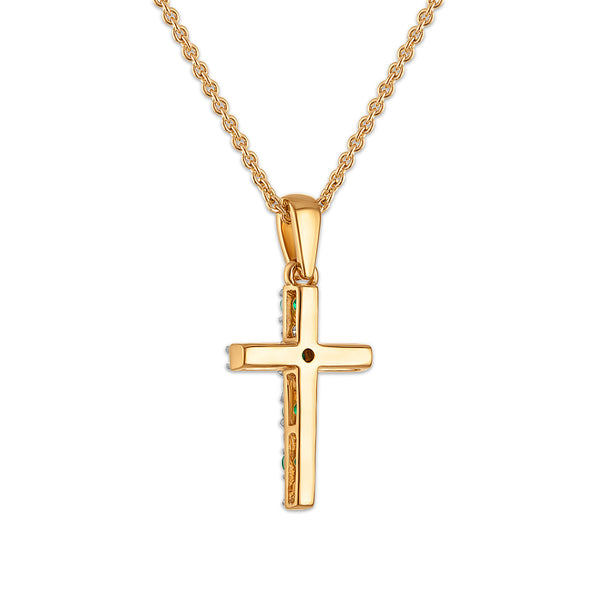 Created Emerald and Diamond 18-inch Cross Pendant in Yellow Gold Plated Sterling Silver