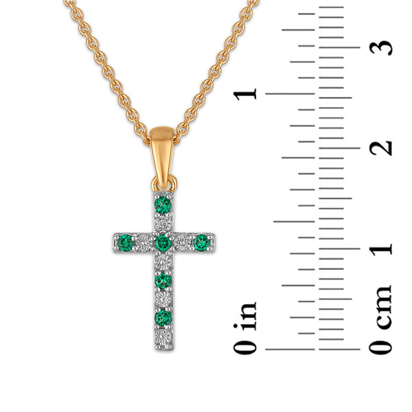 Created Emerald and Diamond 18-inch Cross Pendant in Yellow Gold Plated Sterling Silver