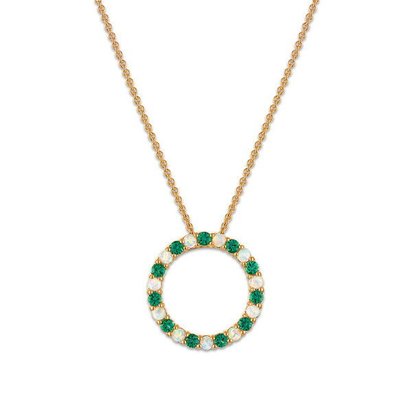 2MM Round Emerald and Opal 18-inch Circle Pendant in Yellow Gold Plated Sterling Silver