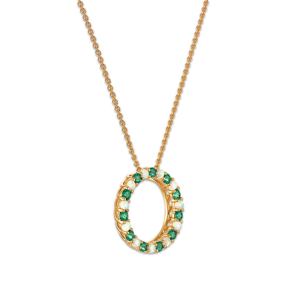 2MM Round Emerald and Opal 18-inch Circle Pendant in Yellow Gold Plated Sterling Silver