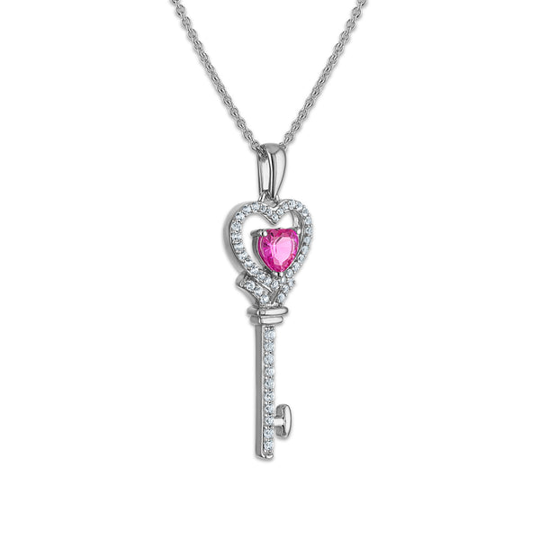 Created Pink and White Sapphire 18-inch Key Pendant in Sterling Silver