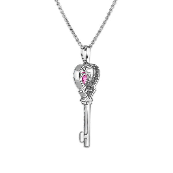 Created Pink and White Sapphire 18-inch Key Pendant in Sterling Silver