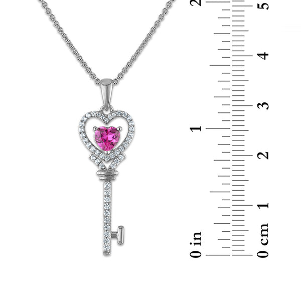 Created Pink and White Sapphire 18-inch Key Pendant in Sterling Silver