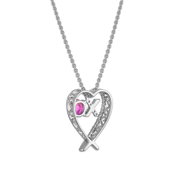 Created Pink and White Sapphire 18-inch Heart XO Pendant in Sterling Silver