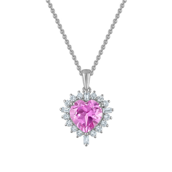 Created Pink and White Sapphire 18-inch Heart Pendant in Sterling Silver