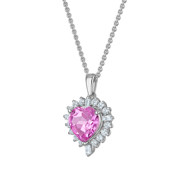 Created Pink and White Sapphire 18-inch Heart Pendant in Sterling Silver