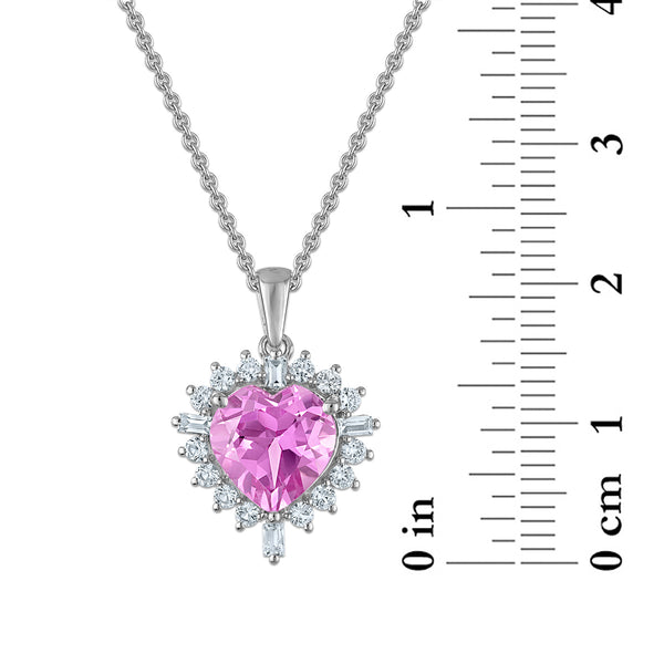 Created Pink and White Sapphire 18-inch Heart Pendant in Sterling Silver
