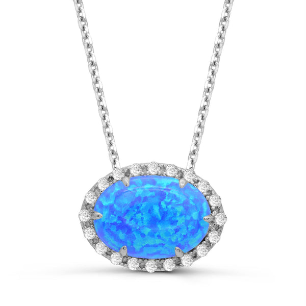 Created Blue Opal and White Sapphire Halo 18-inch Necklace in Sterling Silver