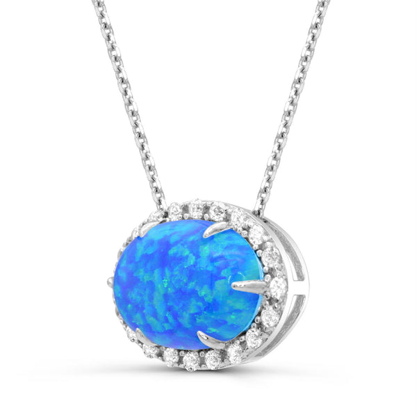 Created Blue Opal and White Sapphire Halo 18-inch Necklace in Sterling Silver