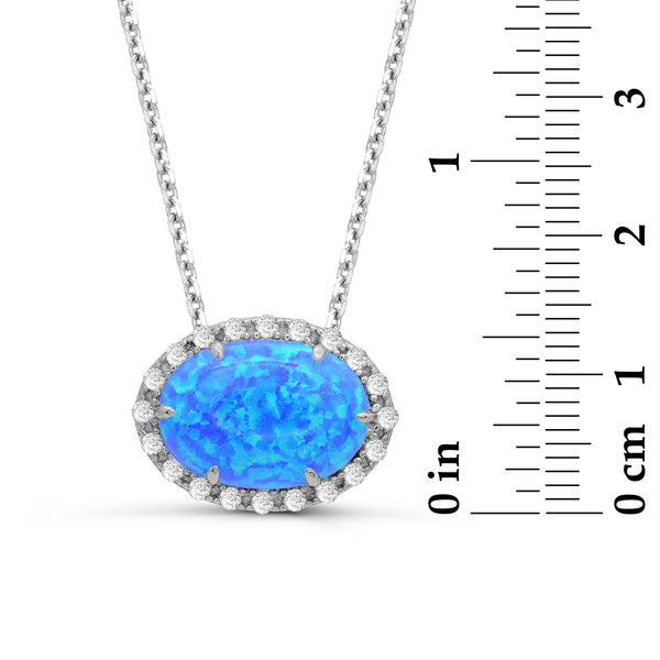 Created Blue Opal and White Sapphire Halo 18-inch Necklace in Sterling Silver