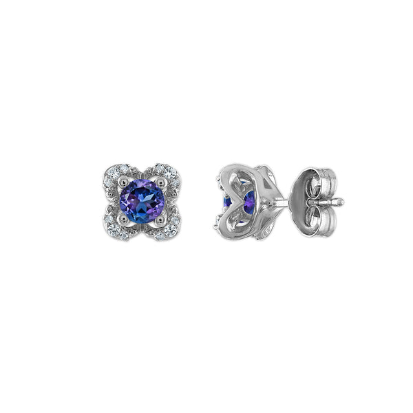 4MM Round Alexandrite and White Sapphire Birthstone Flower Halo Earrings in Sterling Silver